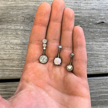 Clear Gem White Faux Opal Twisted Belly Ring Set of 3