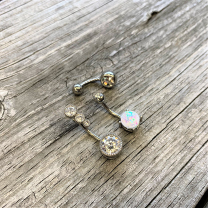 Clear Gem White Faux Opal Twisted Belly Ring Set of 3