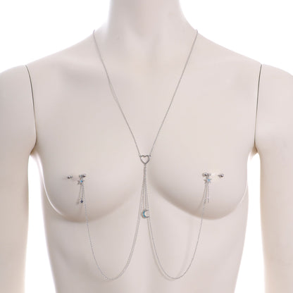 14G 5/8 Blue Gem Moon Heart Star Nipple Chain Necklace