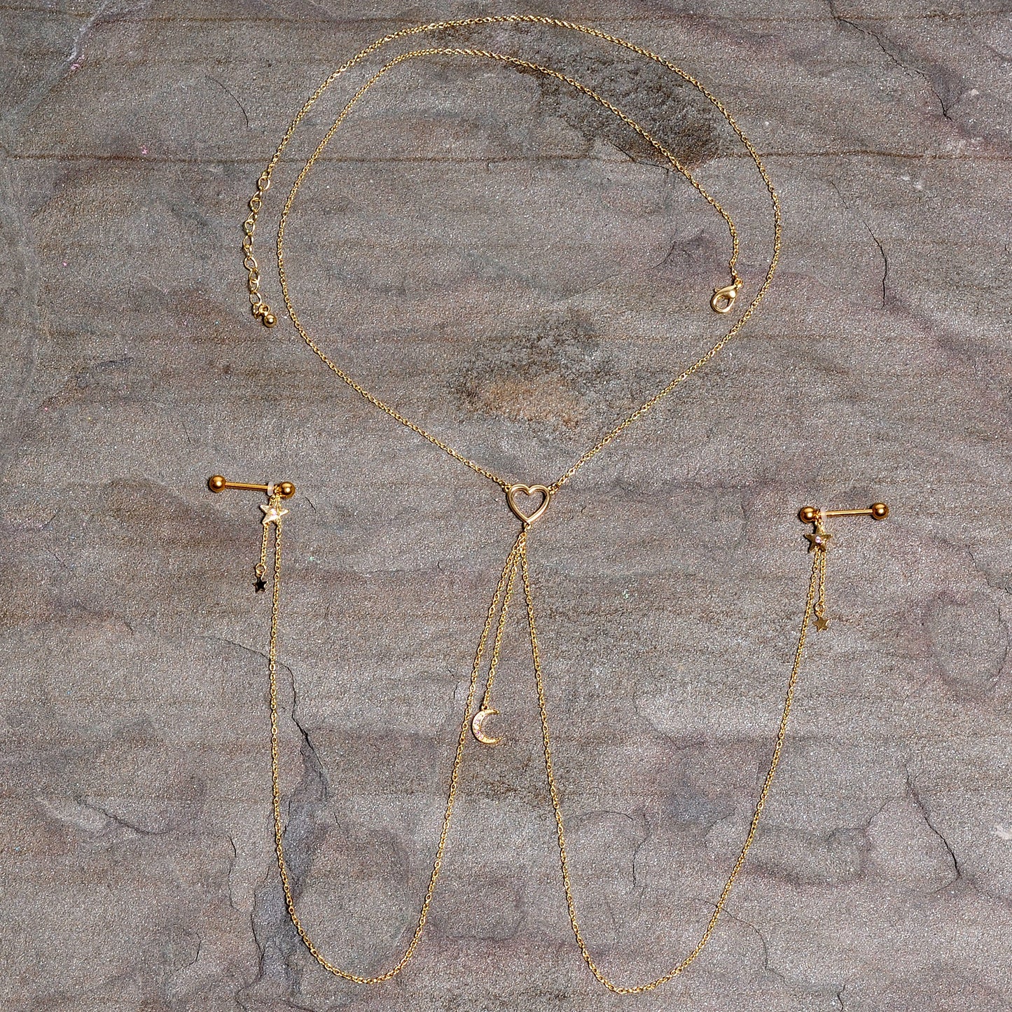 14G 5/8 Aurora Gem Gold Tone Heart Star Nipple Chain Necklace