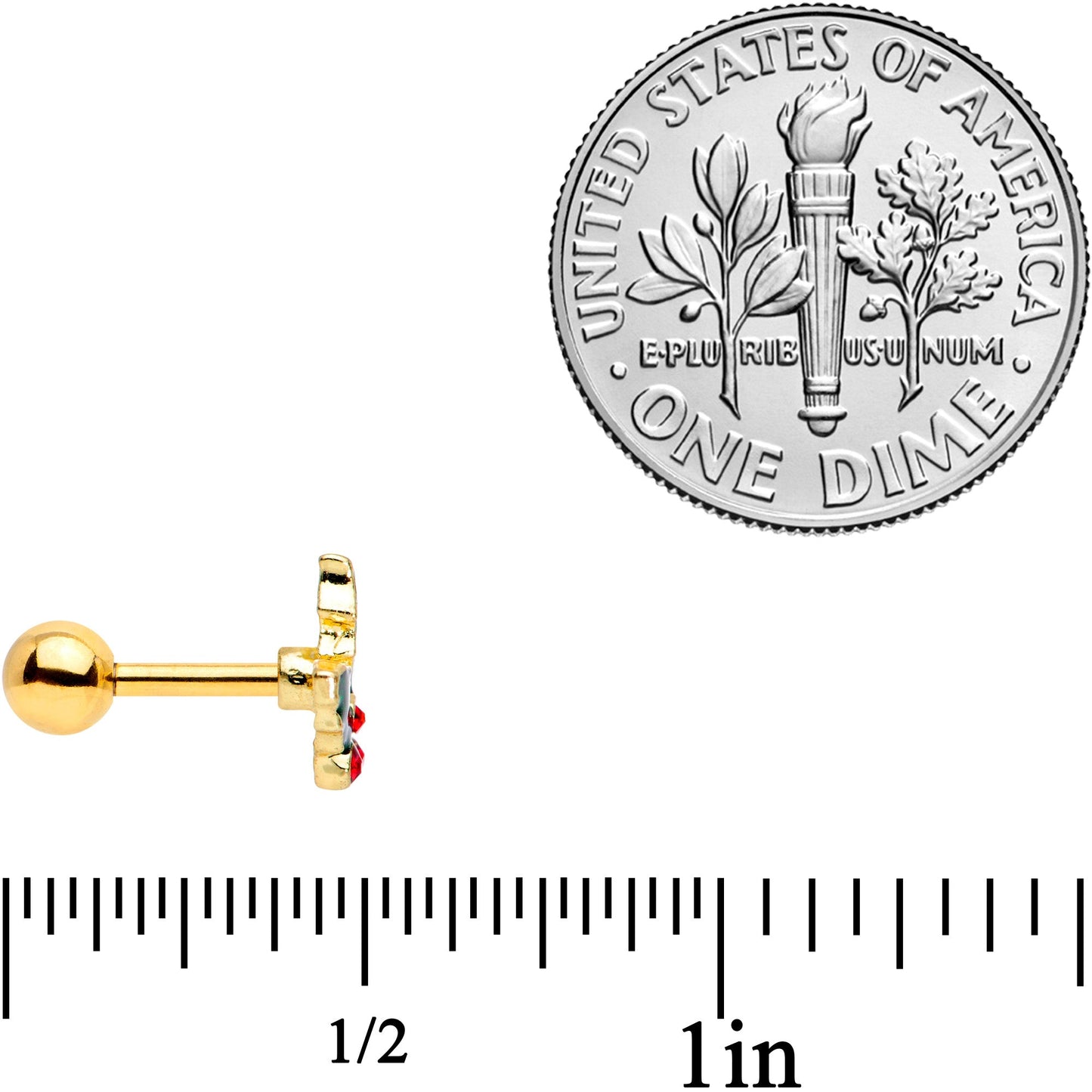 16G 1/4 Red Gem Gold Tone Mistletoe Christmas Cartilage Tragus