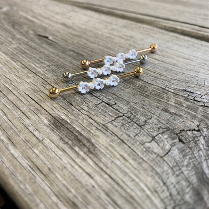14G Aurora Gem White Flower Industrial Barbell 38mm