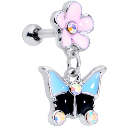 16G 1/4 Aurora Gem Flower Butterfly Dangle Cartilage Earring