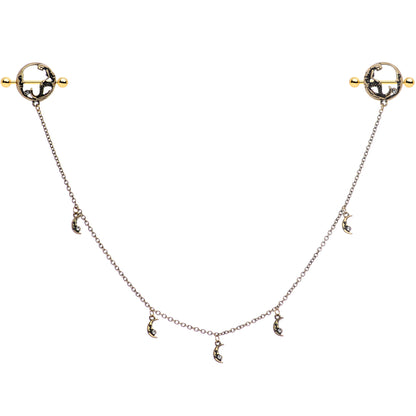 14G Clear Gem Gold Tone Moon Mermaid Nipple Shield Dangle Chain