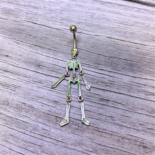 Green Hinged Halloween Skeleton Dangle Belly Ring