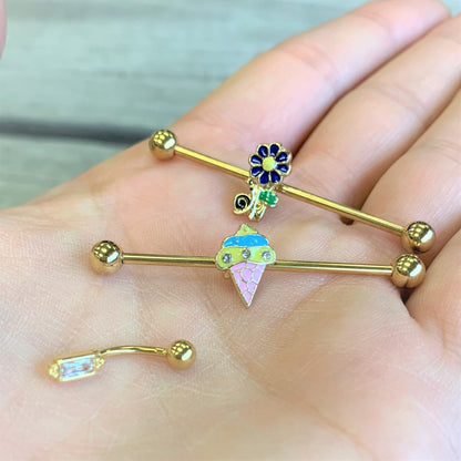 14G Gold Tone Blue Green Snail Flower Industrial Barbell 38mm