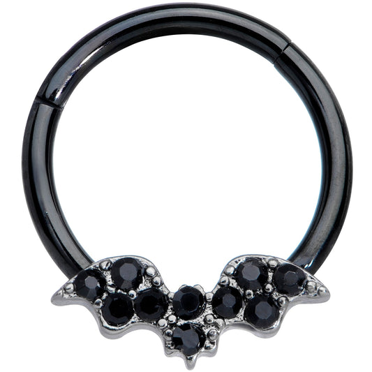 16G 3/8 Black Gem Black Plated Bat Hinged Segment Ring