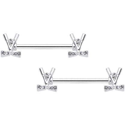 14G 9/16  Clear CZ Gem Crossed Golf Clubs Barbell Nipple Ring Set