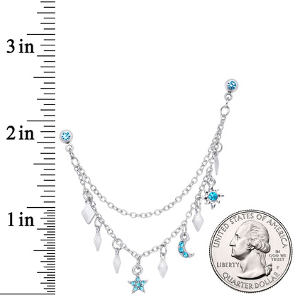 16G 1/4 Aqua Gem Moon Star Sun Dangle Cartilage Chain Earring