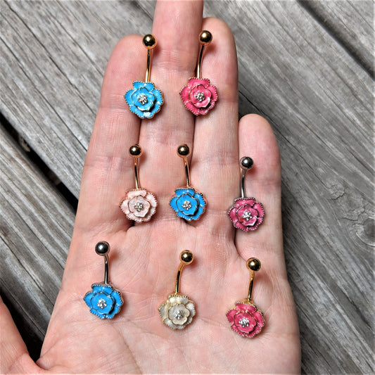 Clear Gem Aqua Rose Reversible Belly Ring