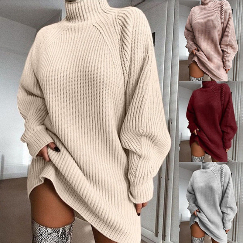 Women’s Solid Turtleneck Sweater Dress - Warm Long Sleeve Winter Knit