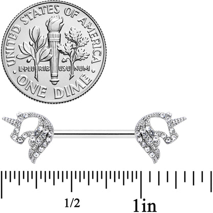 14G 9/16 Clear Gem Silhouette Unicorn Barbell Nipple Ring Set