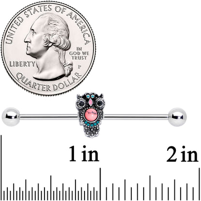 14G Black Gem Pink Orb Owl Industrial Barbell 38mm