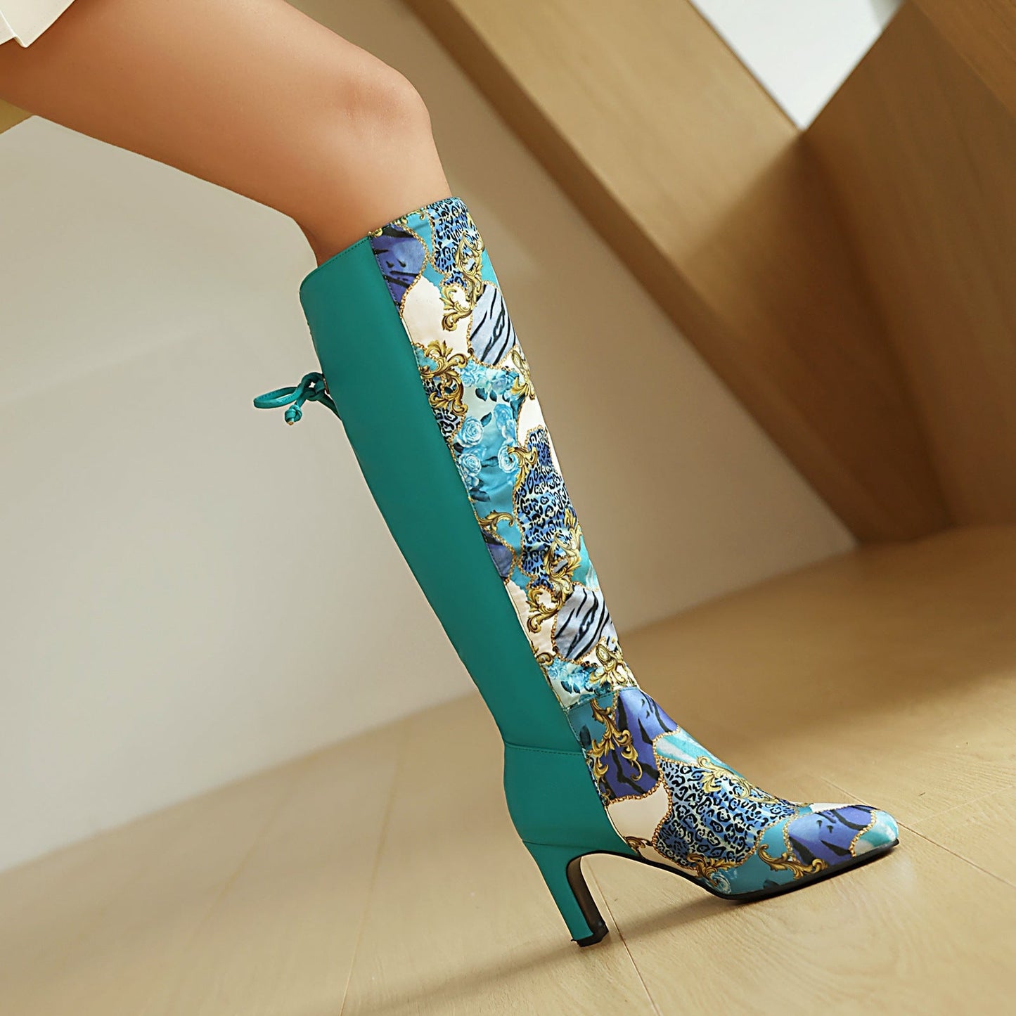 Womens Floral Patchwork Bowknot Chunky Heel Over-the-Knee Boots