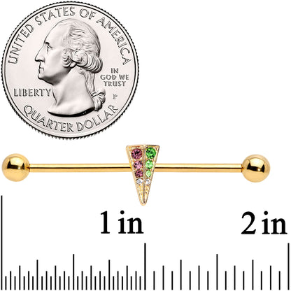 14G Pink Green Gem Gold Tone Triangle Industrial Barbell 38mm