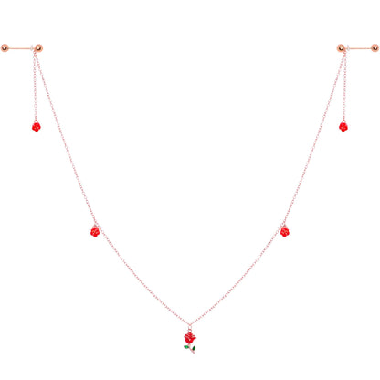 14G 9/16 Gold Tone Red Flower Valentine Dangle Nipple Chain