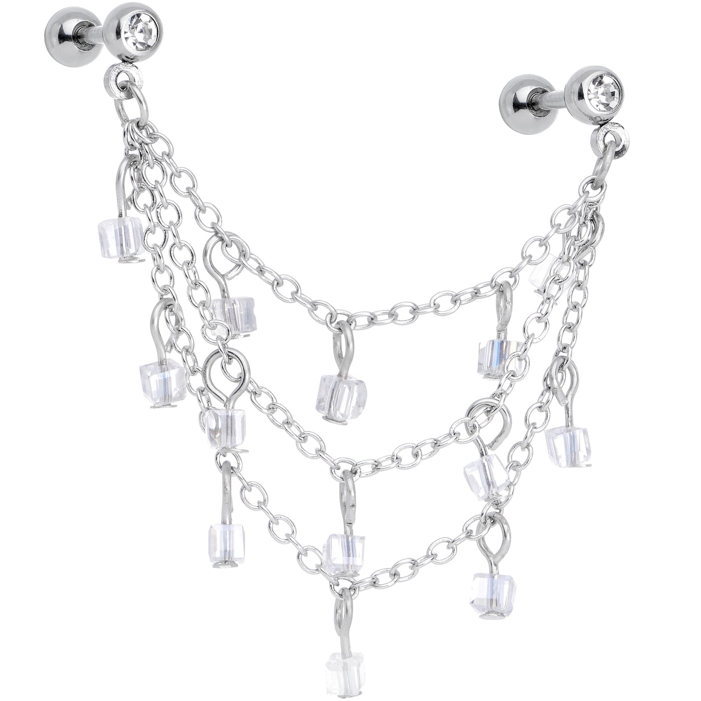 16G 1/4 Clear Gem Clear Cube Triple Dangle Cartilage Chain Earring
