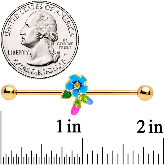 14G Yellow Gem Gold Tone Neon Flower Industrial Barbell 38mm