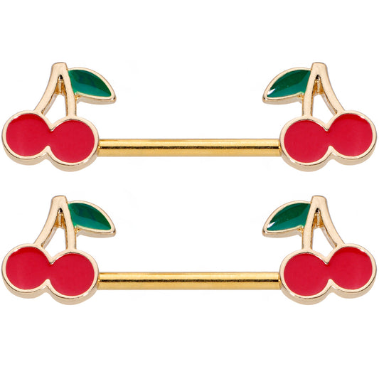 14G 9/16 Gold Tone Charming Cherries Barbell Nipple Ring Set