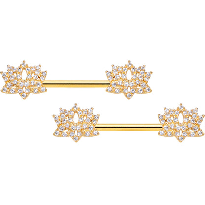 14G 9/16 Clear CZ Gem Gold Tone Lotus Flower Nipple Ring Set