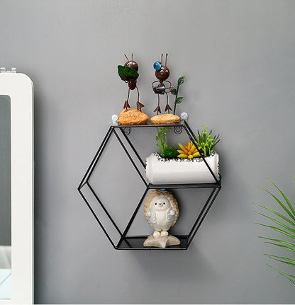 Hexagon Metal Wall Shelf - 3-Tier Industrial Iron Geometric Floating Storage Rack