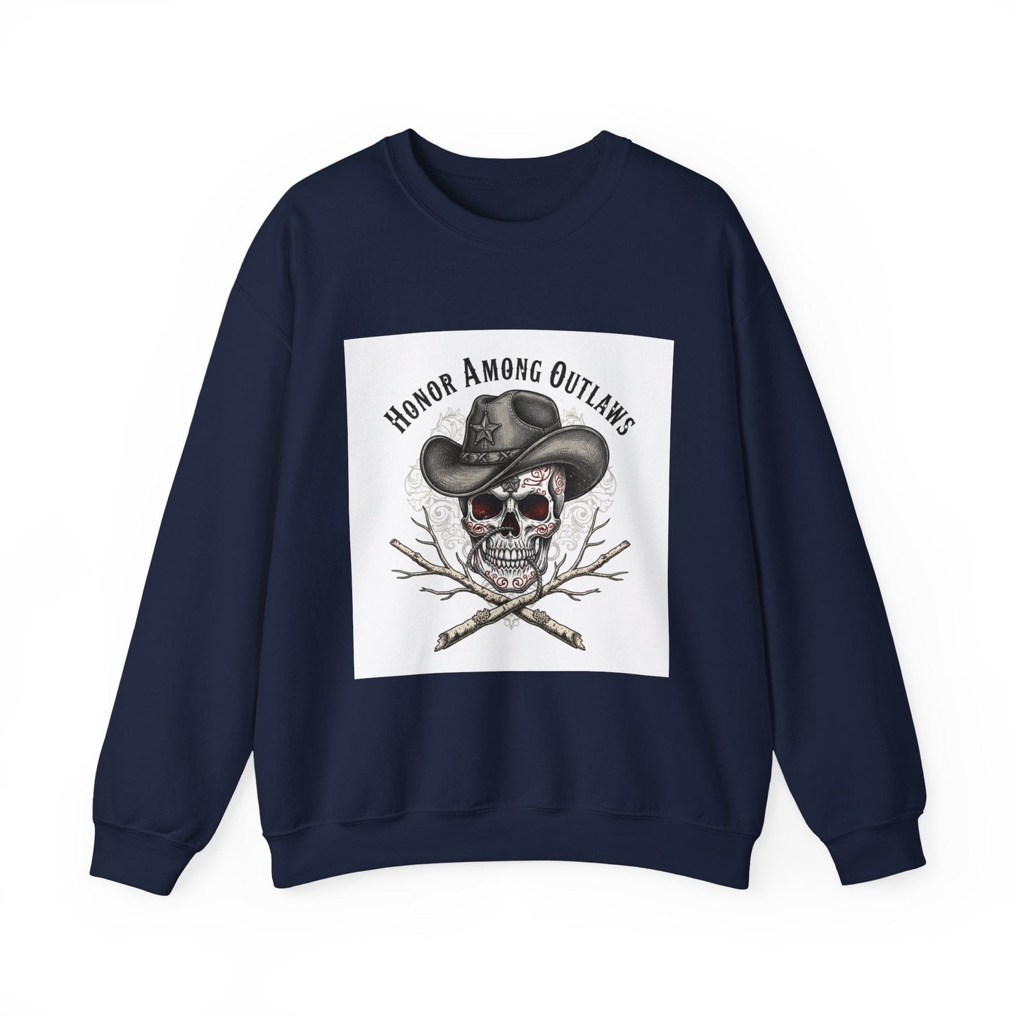 Honor Among Outlaws Crewneck, western skull art | gothic Americana, desert noir design
