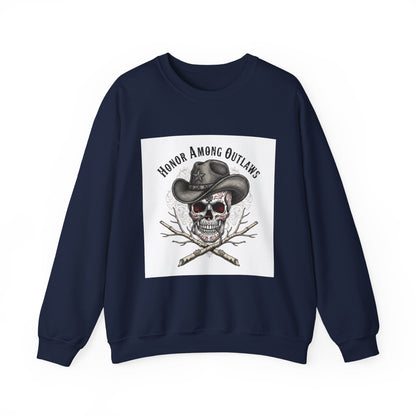 Honor Among Outlaws Crewneck, western skull art | gothic Americana, desert noir design