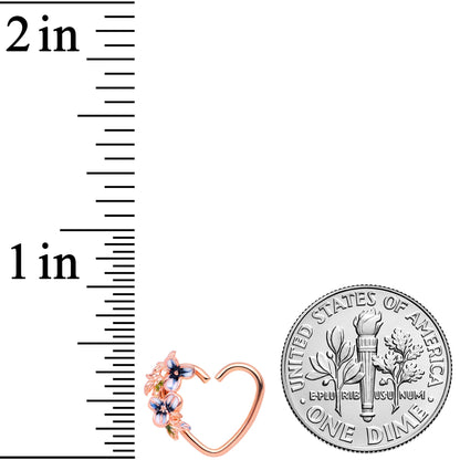 18G 3/8 Rose Gold Tone Blue Flower Heart Right Closure Ring