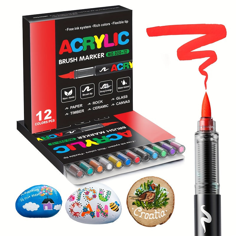 12/24/36/48/60/72Color Acrylic Paint Marker, Brush Head Can Be Used for Rock Metal Glass Wood Canvas Ceramic Plastic Art And DIY Hand-painting, Back to School Season Halloween Christmas Birthday Gifts