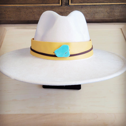Wide Genuine Leather Mustard Hat Band w/ Turq 953m