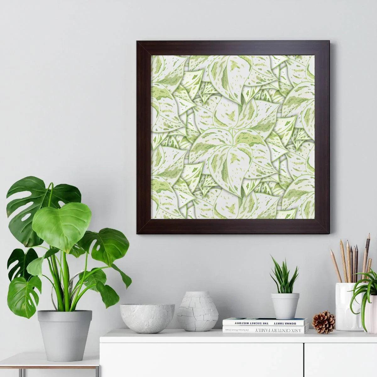 Snow Queen Pothos Pattern Framed Print – Botanical Wall Art