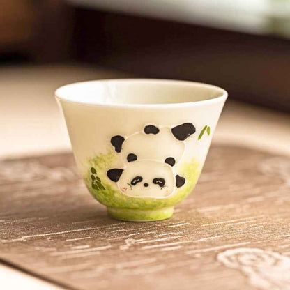 Ceramic Cup Hand Drawn Pile Carving Panda Wishing Cup