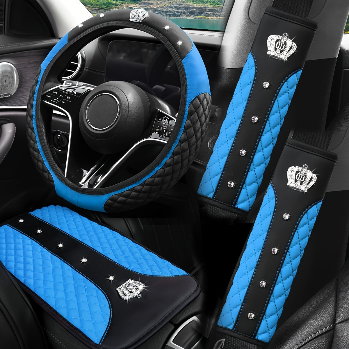 PU Leather Car Steering Wheel Cover Set, Carbon Fiber Pattern, Shoulder Pads, Leather Armrest, 4 pcs, for Comfortable Driving