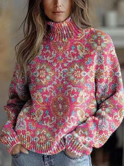 Elegant 3D Floral Print Turtleneck Sweater - Cozy Long Sleeve Pullover