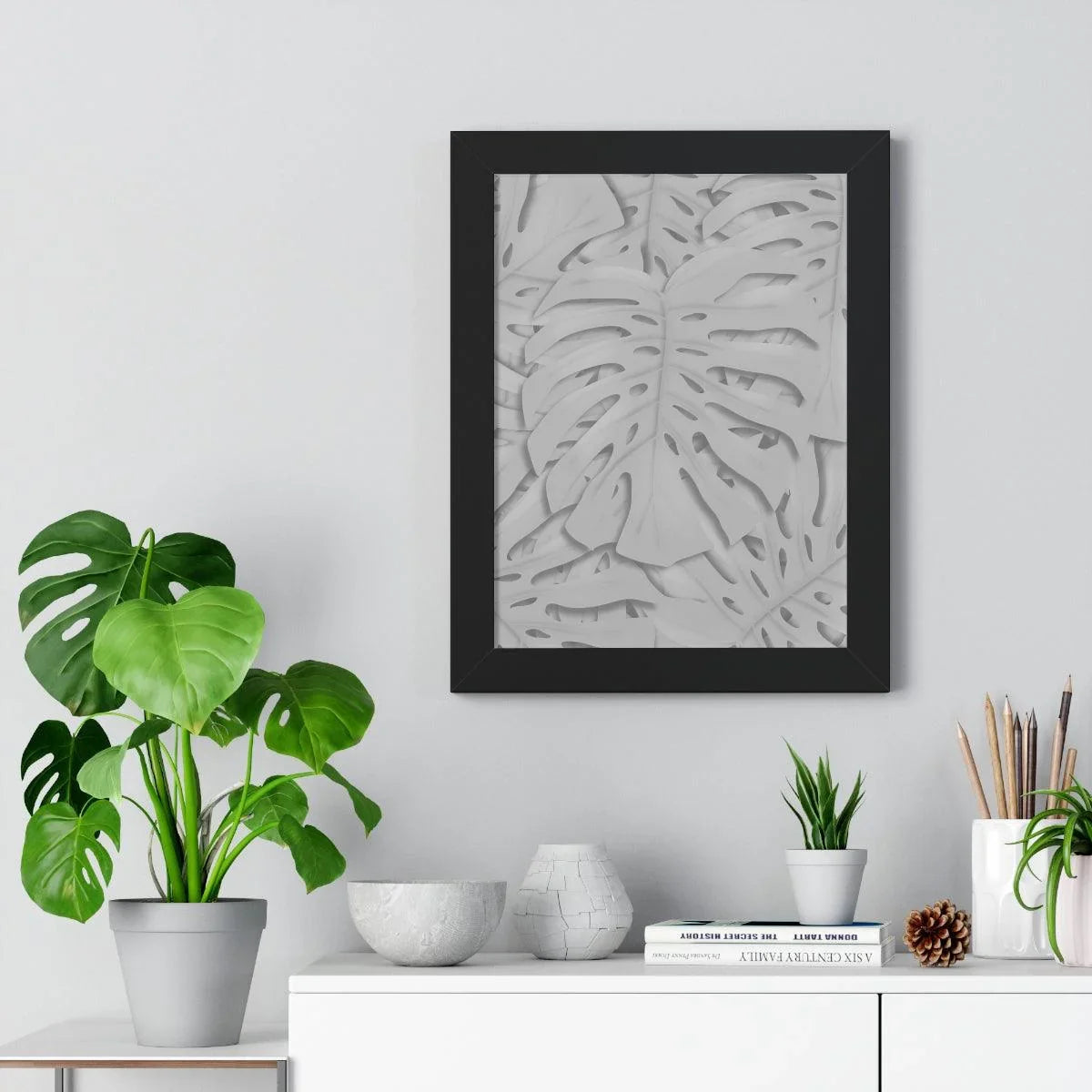 Soft Grey Monstera Framed Print – Botanical Wall Art