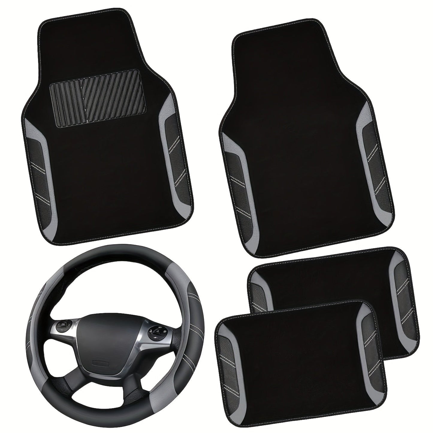 Steering Wheel Cover And Waterproof Car Floor Mats, Microfiber Universal Car Combo Fit for 95% Sedan, SUV, Cars, 14.5-15inch Sporty Anti-Slip Safety Comfortable Design