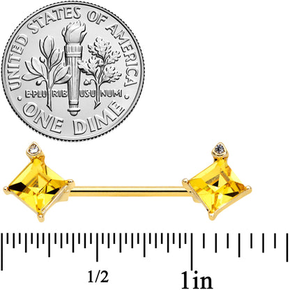14G 5/8 Clear Yellow Gem Gold Tone Rhombus Barbell Nipple Ring Set