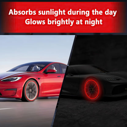 A Collection of Four Glowing Tire Valve Caps Designed to Stop Air from Escaping, Ideal for Vehicles Like Cars, Bikes, And Trucks, Adding a Fashionable Touch