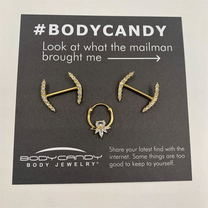 14G 9/16 Clear Gem Gold Tone Simple Curve Barbell Nipple Ring Set