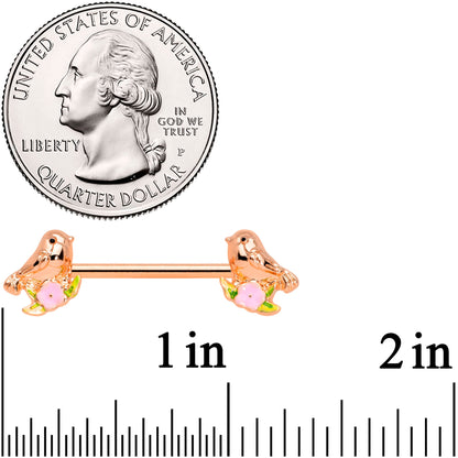 14G 9/16 Rose Gold Tone Bird Pink Flower Barbell Nipple Ring Set