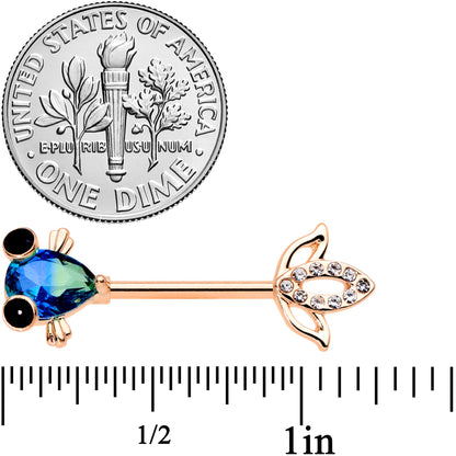 14G 9/16 Aqua Gem Rose Gold Tone Fish Barbell Nipple Ring Set