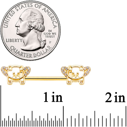 14G 9/16 Clear Gem Gold Tone Flying Pig Barbell Nipple Ring Set