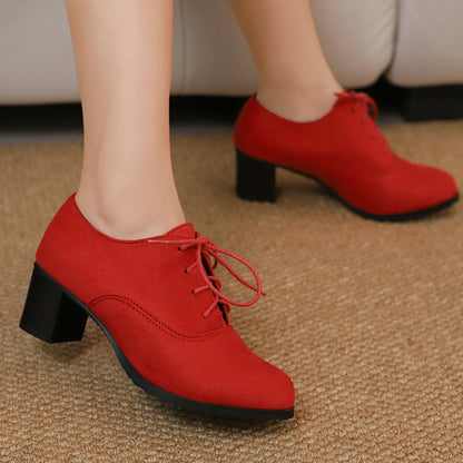 Womens Deep-v Cut Shoes With A Round Toe Chunky Heel And Matte Finish Featuring Front Lacing