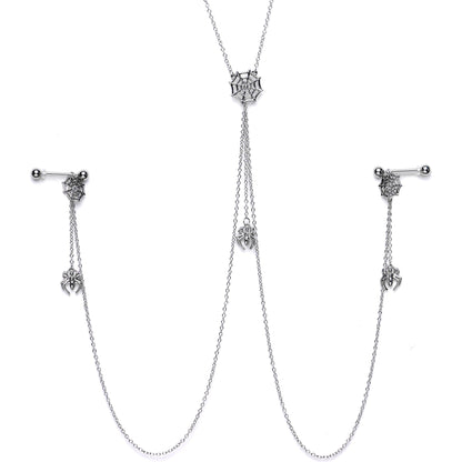 14G 9/16 Creepy Crawly Spider Web Halloween Nipple Chain Necklace