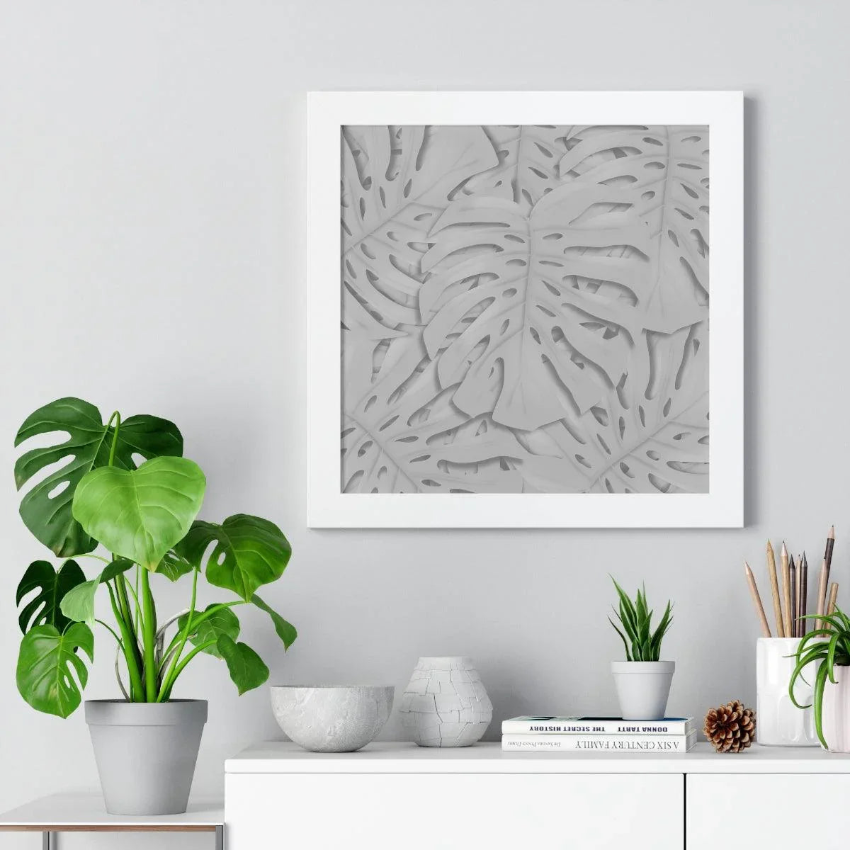 Soft Grey Monstera Framed Print – Botanical Wall Art