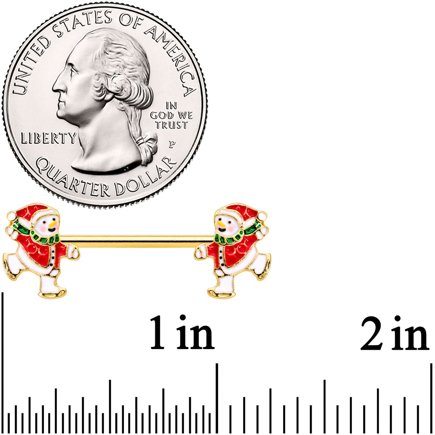 14G 9/16 Gold Tone Ice Skate Snowman Christmas Nipple Ring Set