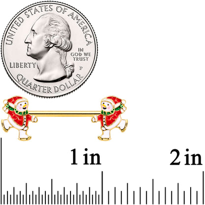 14G 9/16 Gold Tone Ice Skate Snowman Christmas Nipple Ring Set
