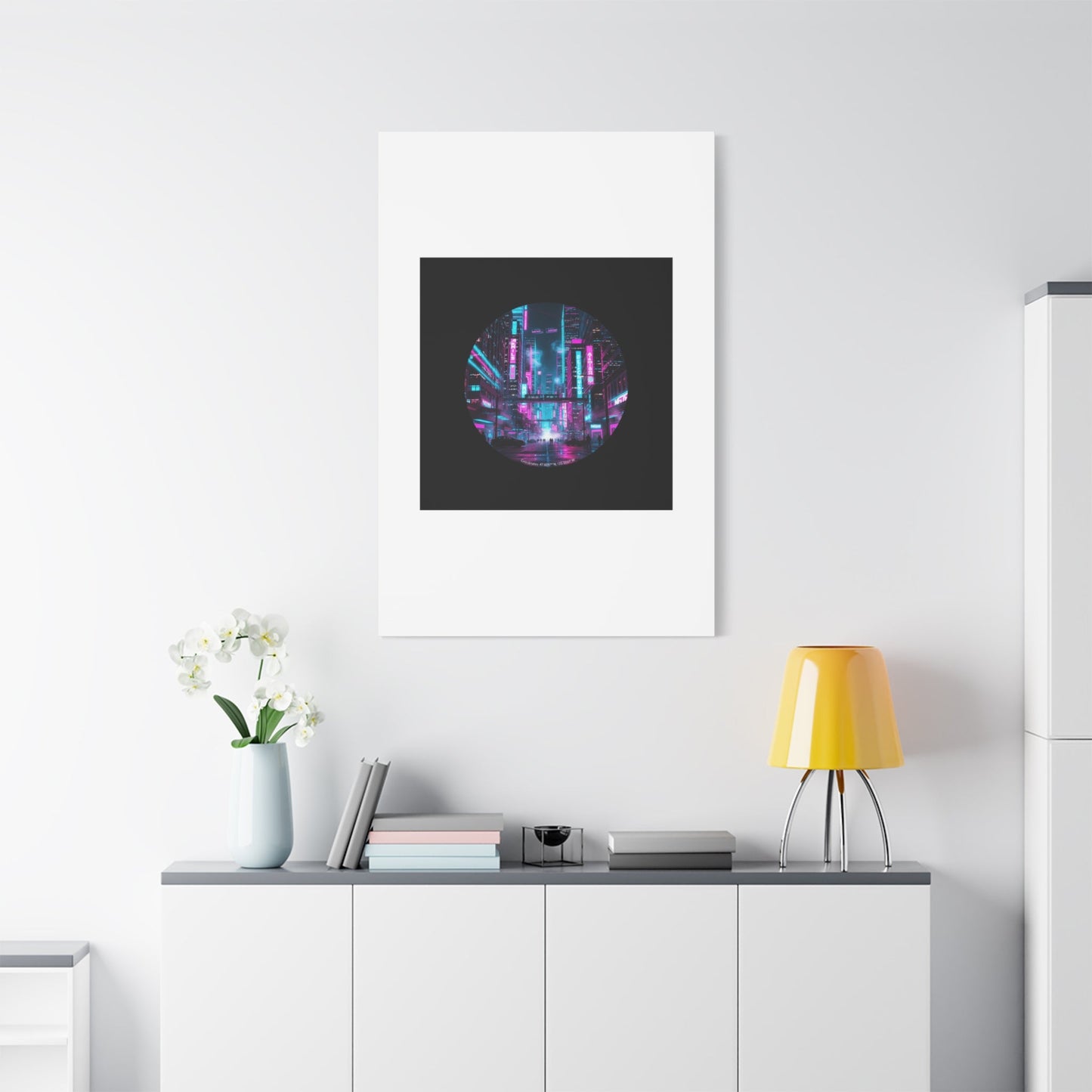 Neon Cyberpunk Cityscape Canvas | synthwave skyline, future city art