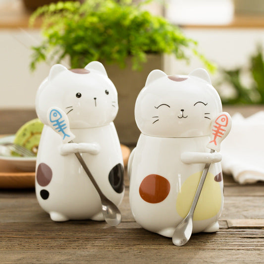 Cute Cat Coffee Mug Cup With Spoon Creative Hand Painted Drinkware Milk Tea Ceramics Cups Novelty Gifts