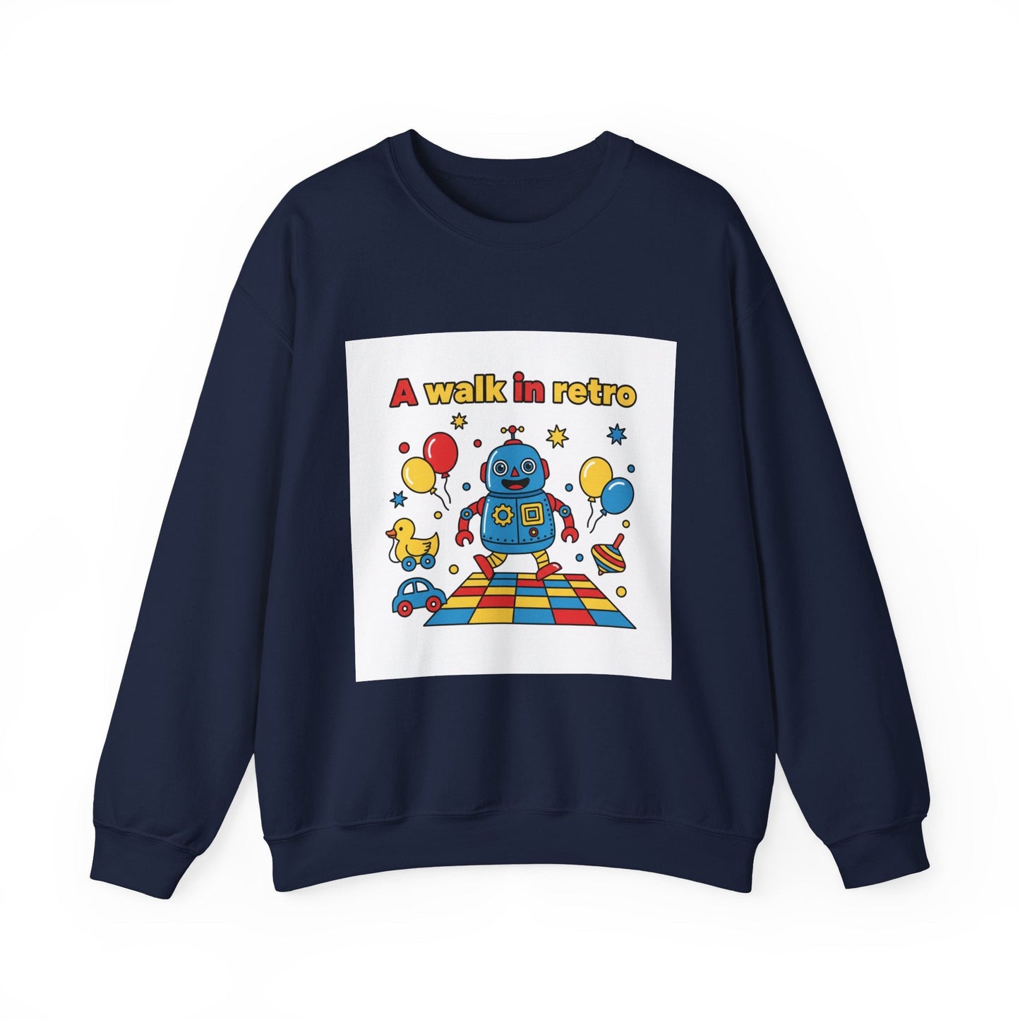 Retro Toy Robot Crewneck Sweatshirt | Throwback Kid, Primary Color Retro